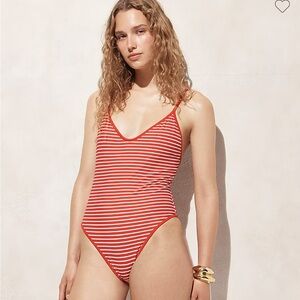 '90s one-piece swimsuit in reversible stripe & strawberry print
